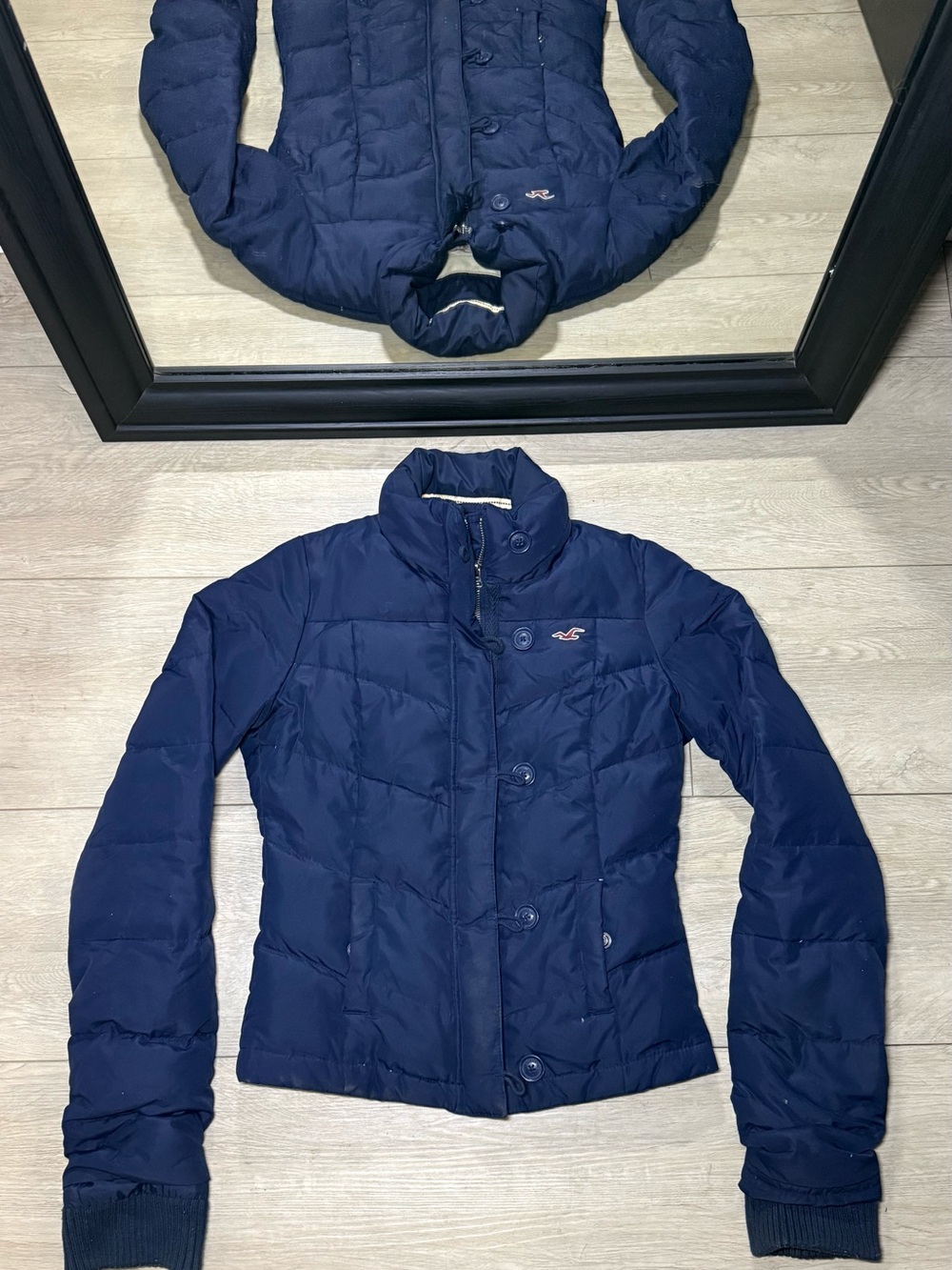 Y2K 2000s Navy Blue Quilted Hollister Co. Embroidered Logo Button Puffer Jacket